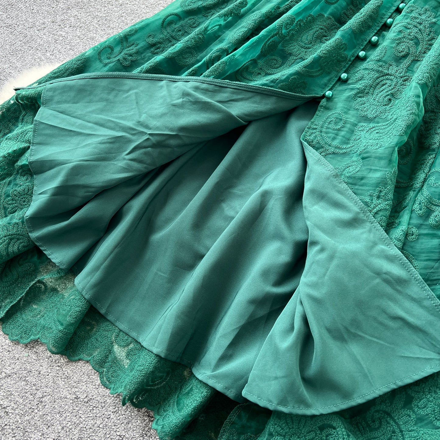 Elegant Stand Collar Crochet Embroidery Lantern Sleeve Tie Waist Long Dress R2250