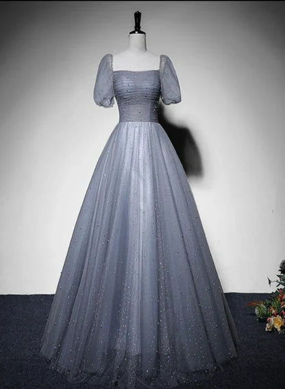omberprom Tulle Long Formal Dress Party Dress Evening Gown A Line Short Sleeves Prom Dress Wholesale