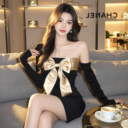 Birthday dress high-end party dress high-end niche bow long-sleeved one-shoulder dress R1796