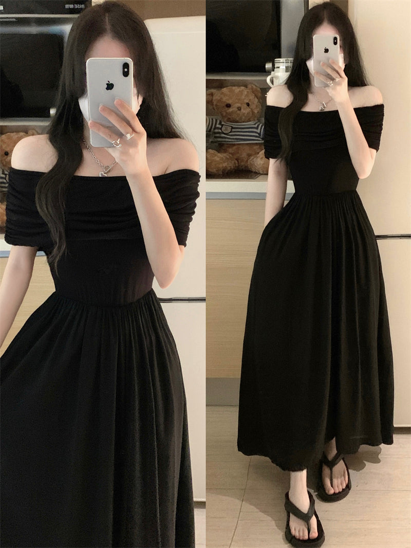 Black one-shoulder dress 2025 new style high-end temperament off-shoulder waist long dress R0128