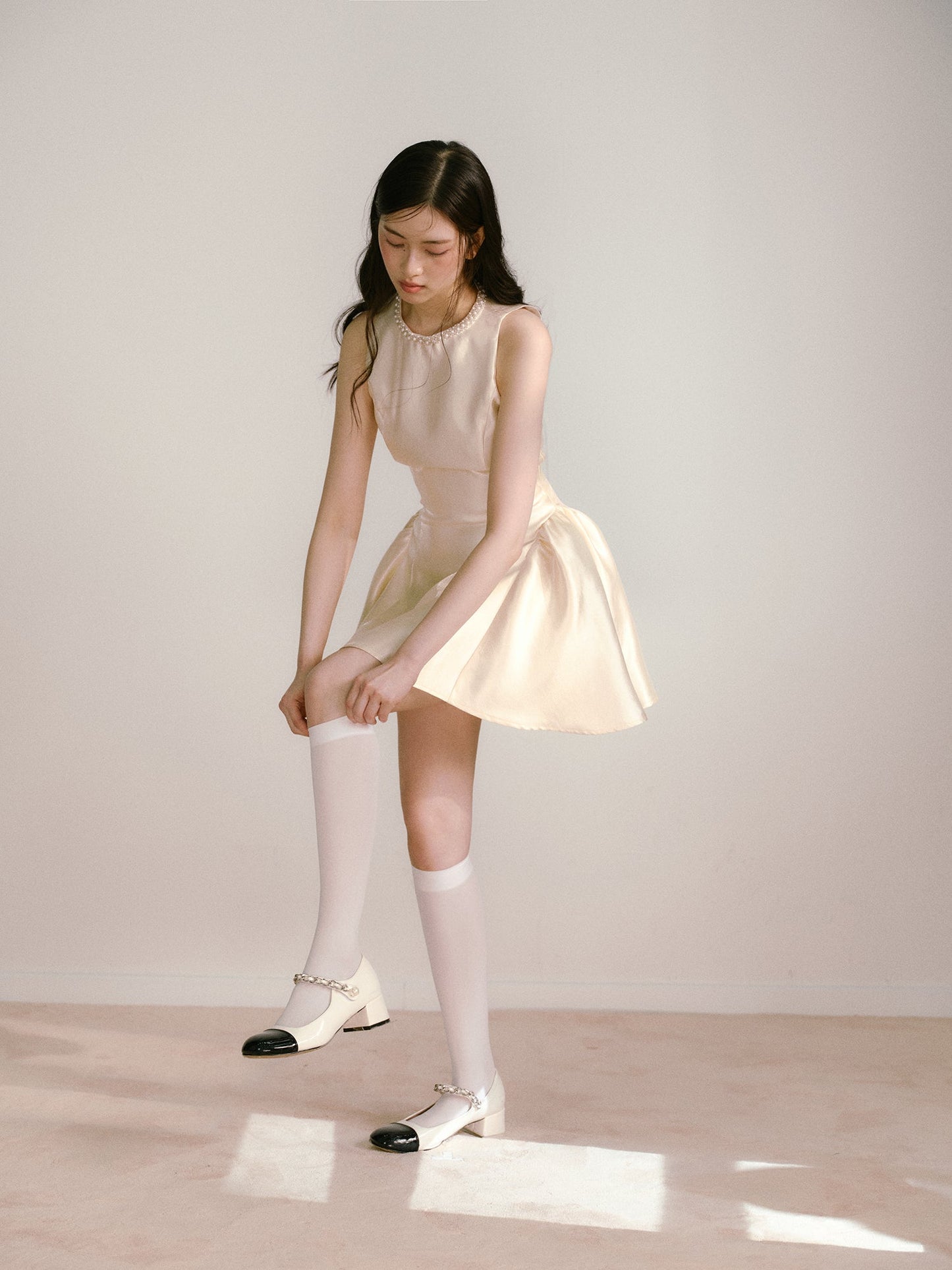 Beige glossy satin 3D handmade pearl princess skirt puffy dress R5133