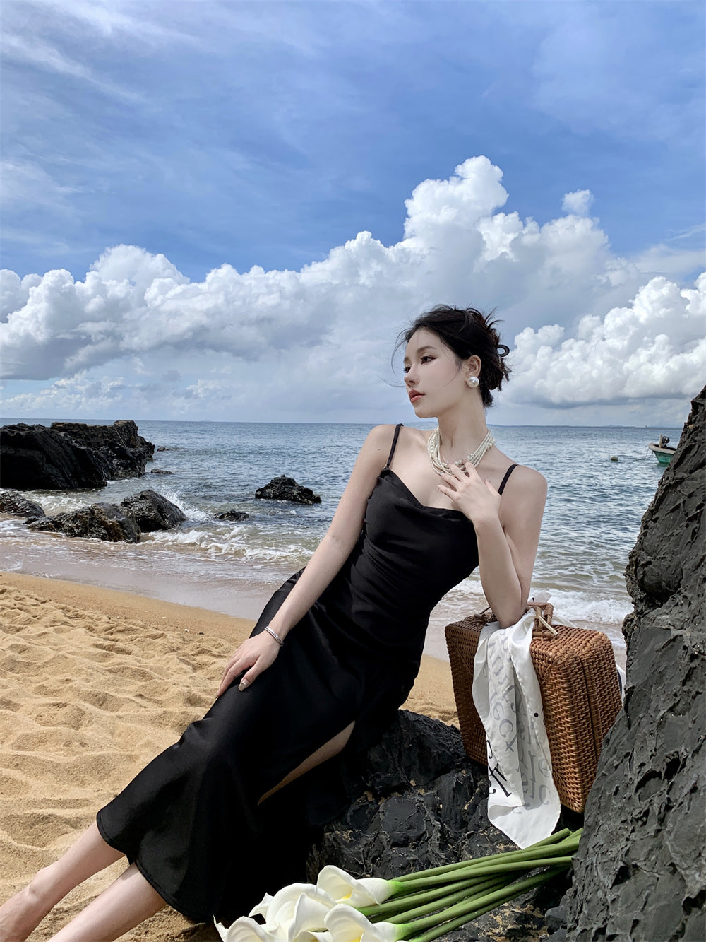 Black suspender dress slim sexy temperament slit silk satin holiday wear skirt R1443