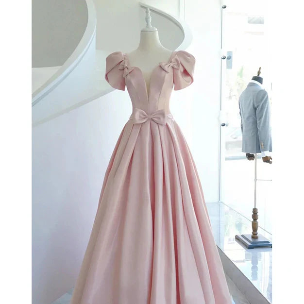 Pink Satin Long Short Sleeves Prom Dress Party Dress Formal Dress Wedding Party Dress With Bow(s) Wholesale