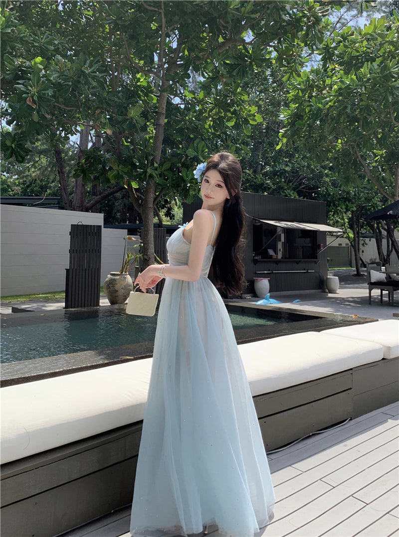 Blue V-neck suspender dress beautiful gentle temperament small skirt R0669