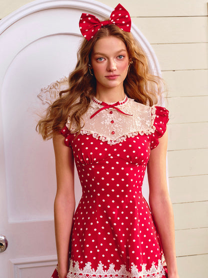 French Sweet College Polka Dot Lace Red Dress Long Short Homecoming Dress R5137
