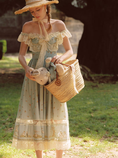 French pastoral style heavy embroidery lace splicing suspender long dress homecoming dress R5145