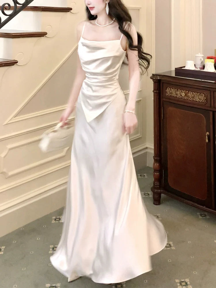 white satin dress, elegant long party dress      S5970