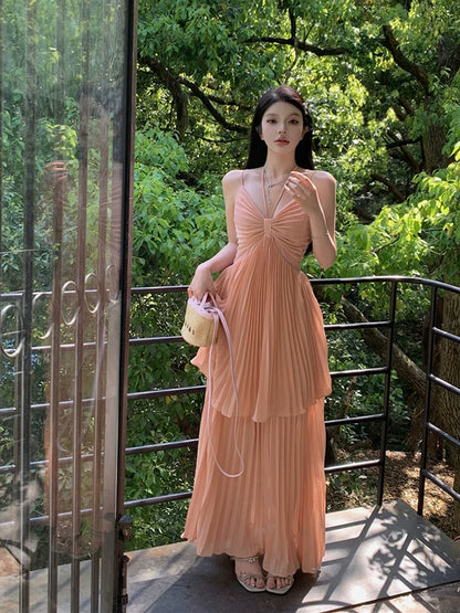 Halter neck dress women's long dress v-neck pleated a-line dress      S5901