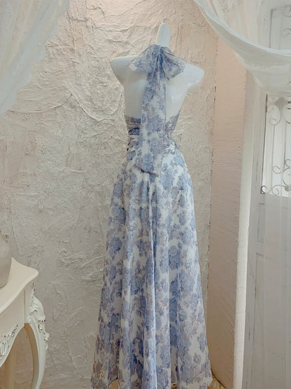 Halter neck printed floral dress long evening party dress     S5985