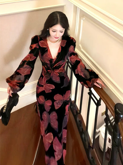 Retro velvet butterfly dress elegant V-neck long party dress    S6105