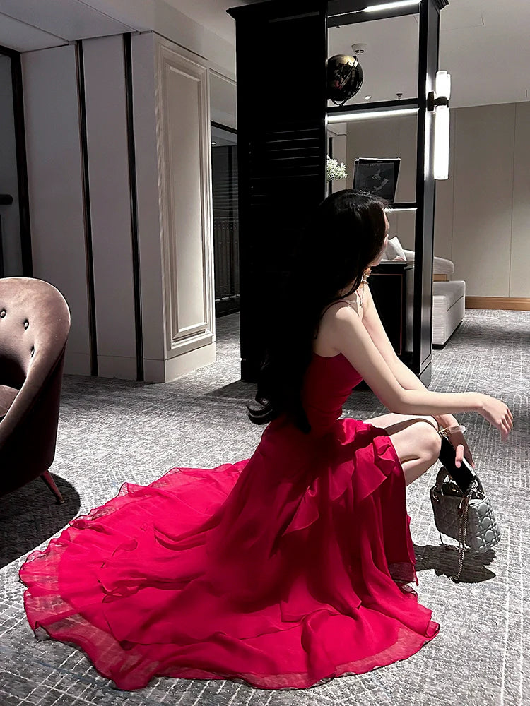 Design Red ruffled dress mermaid long party dress    S6047