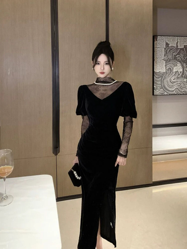 Black luxury dress velvet dress       S5834