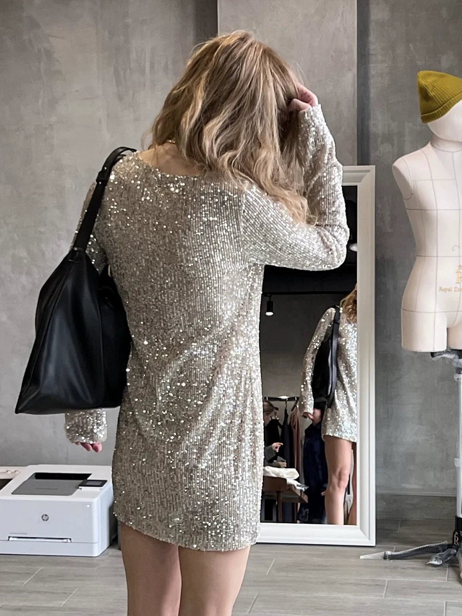 silver sequin long-sleeved dress round neck outer wear T-shirt top     S6032