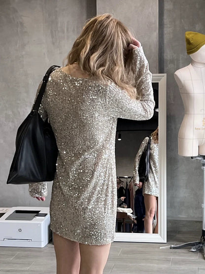 silver sequin long-sleeved dress round neck outer wear T-shirt top     S6032