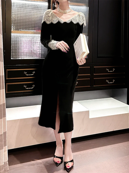 Black lace retro velvet long-sleeved dress banquet evening dress       S6163