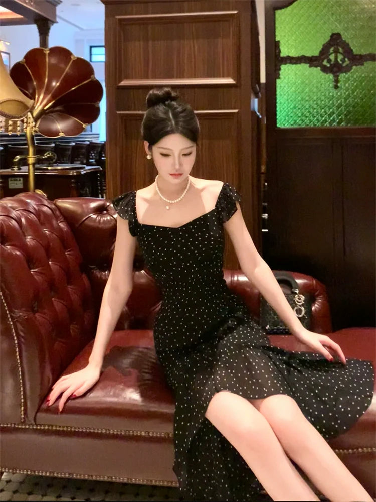 black polka dot flying sleeves party dress   S6135