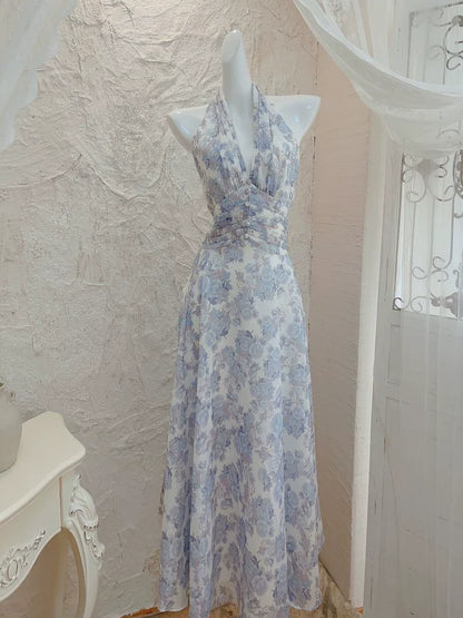 Halter neck printed floral dress long evening party dress     S5985