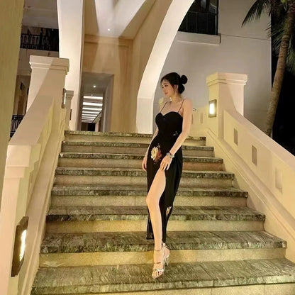 Sexy black floral suspender dress for women long party dress   S5789