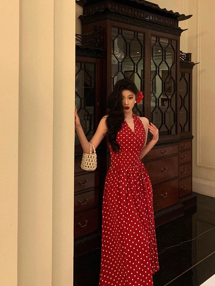 Hong Kong style halter neck polka dot dress new retro long dress party dress     S5540