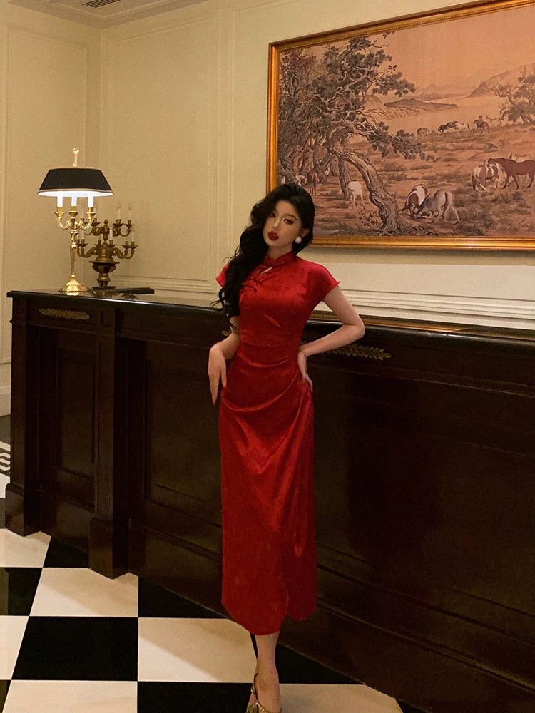 New Chinese style red cheongsam dress women evening party dress    S5509