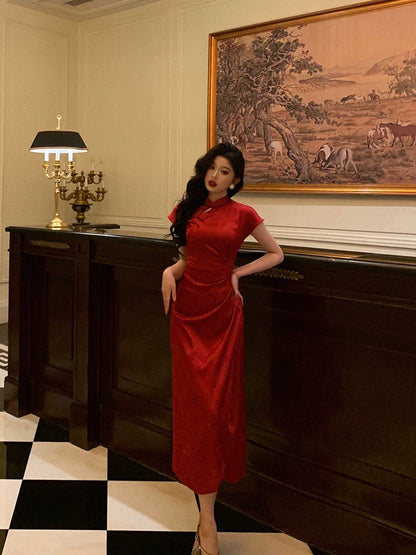 New Chinese style red cheongsam dress women evening party dress    S5509