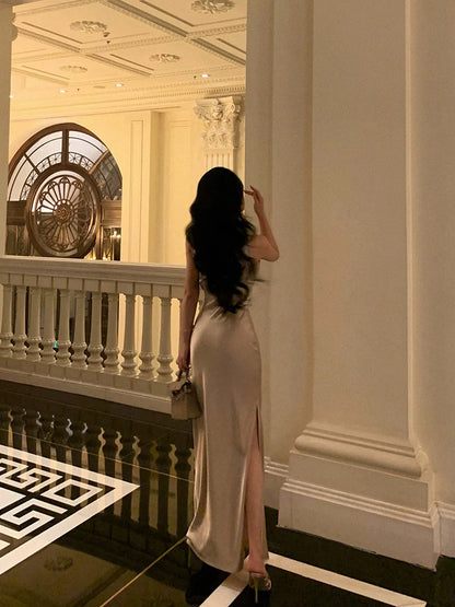 new style slit satin long dress party dress     S5704