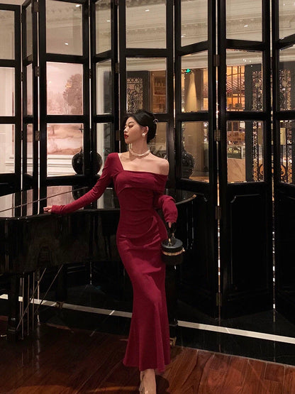Red glitter dress new off-shoulder slit long party dress     S5646