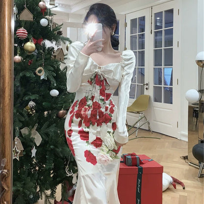 Birthday dress banquet satin mermaid long-sleeved floral dress     S5783
