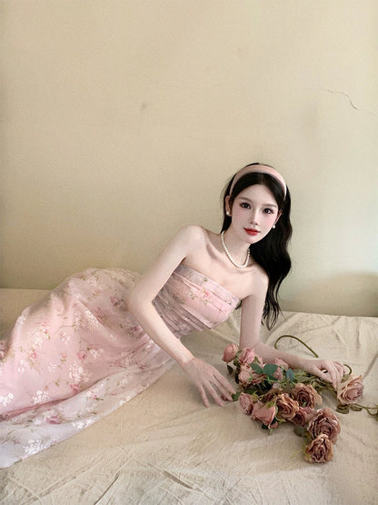 Pink dress with detachable straps, sweet floral dress         S6016