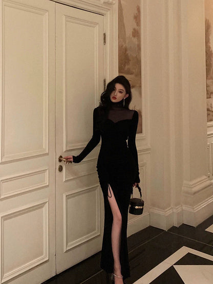 Black mesh splicing dress evening dress    S5503