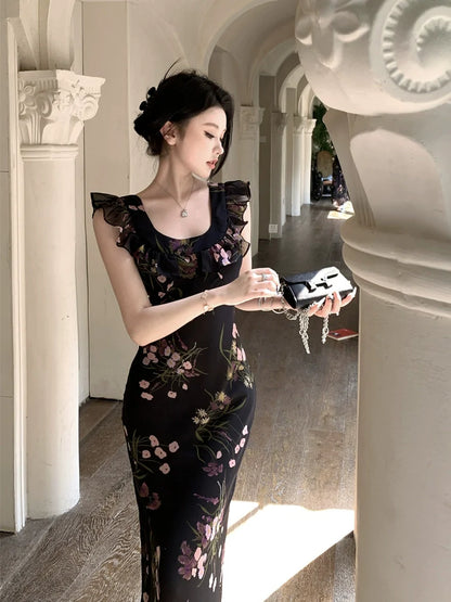 ruffled sleeves black floral dress summer long dress      S5838