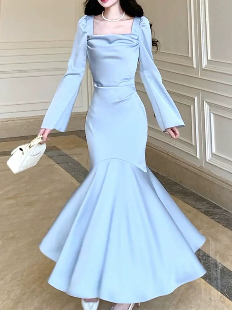 square neck satin dress new long sleeve party dress    S6088