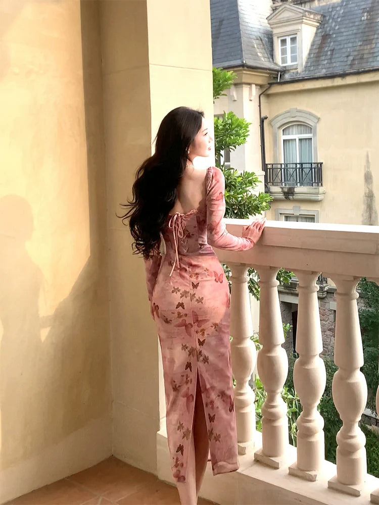 Retro Print Dress Butterfly Square Neck Puff Sleeve Elegant Long Dress      S6030