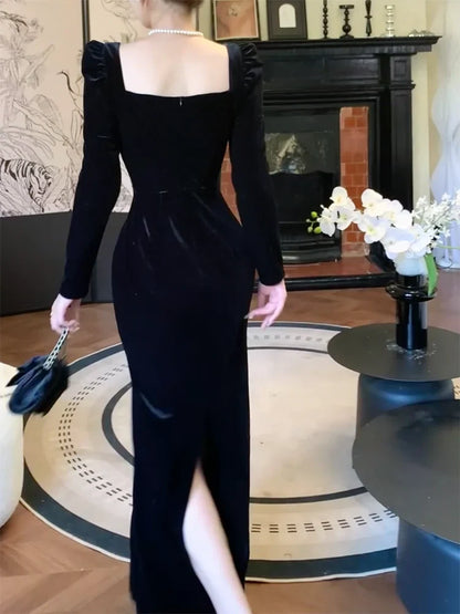 black velvet dress square neck long sleeve party dress    S6104