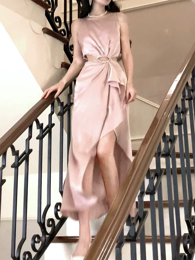 Pink Satin Pleated Long Birthday Party Dress Long Evening Gowns        S6014