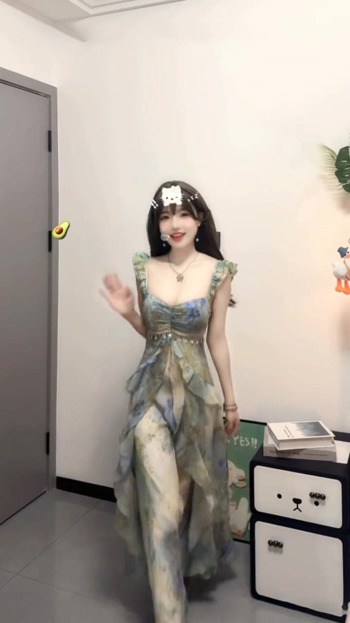 Blurred floral suspender dress temperament waist A-line beach dress R0659