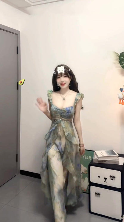 Blurred floral suspender dress temperament waist A-line beach dress R0659