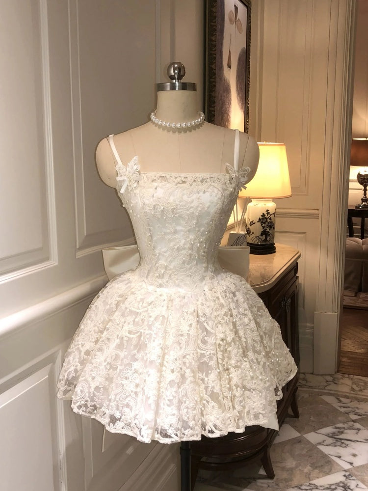 Lace bow strapless dress, summer dress, waist cinched princess puffy short skirt, homecoming dress R2994