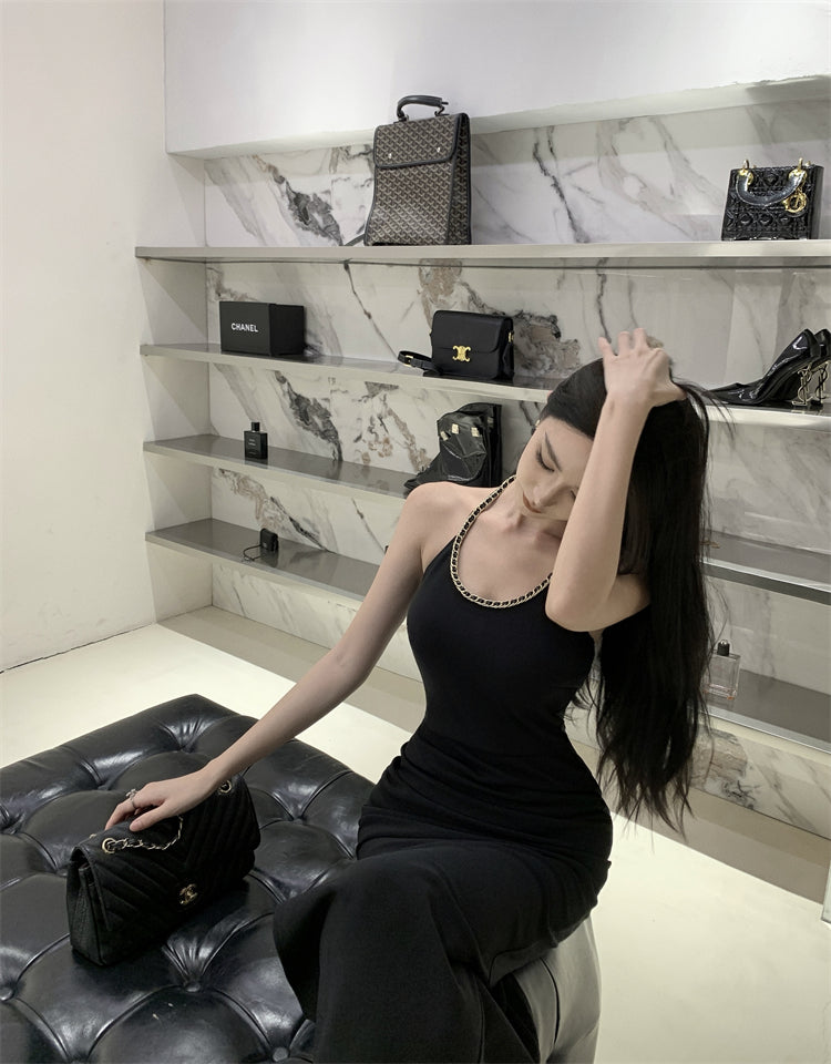 Black slim waist halter dress sexy backless holiday hip-hugging slit inner long skirt R1445