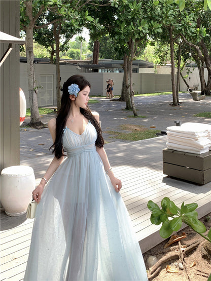 Blue V-neck suspender dress beautiful gentle temperament small skirt R0669