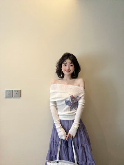 Elegant and gentle temperament one-shoulder long-sleeved top a-line skirt two-piece suit skirt R0875