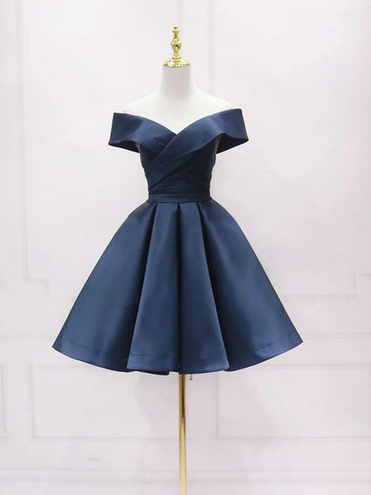 Retro Navy Blue Off-the-shoulder Design A-line Satin Party Dress Homecoming Dress TP4057