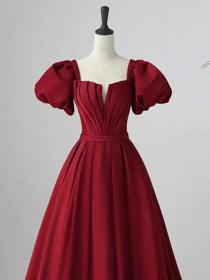 Wine Red Short Sleeves A-line Floor Length Party Dress Long Prom Dress Elegant Evening Dress