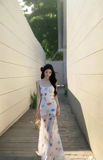 Dopamine waist skirt outfit waist long skirt fishtail skirt beautiful color suspender dress R1616