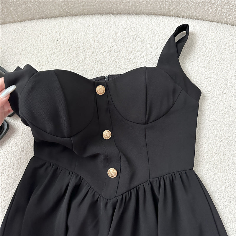 New Fashion Cinched Waist Design Black A-line Sleeveless Spaghetti Strap Dress TP3280