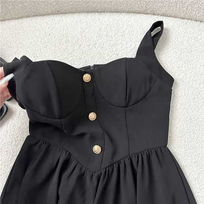 New Fashion Cinched Waist Design Black A-line Sleeveless Spaghetti Strap Dress TP3280