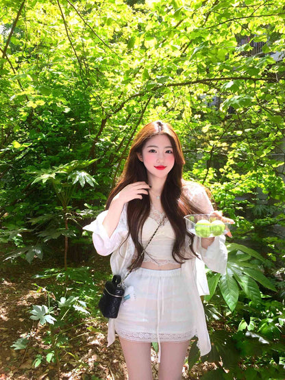 Beautiful and gentle temperament white shirt lace inner a-line skirt three-piece suit R0889
