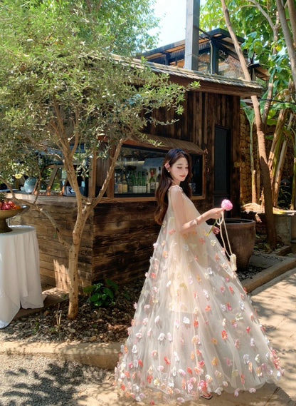 Beautiful small skirt loose A-line long skirt holiday style flower suspender dress R0693