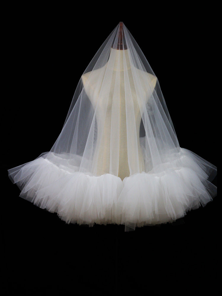 White Ruffles Tulle Wedding Veil Without Comb