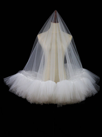 White Ruffles Tulle Wedding Veil Without Comb
